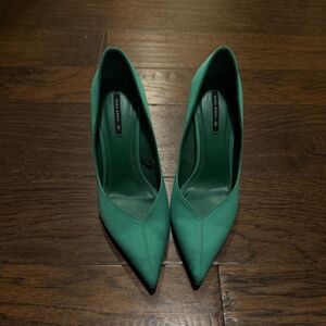 Zara Green Satin Pointed Toe Heels